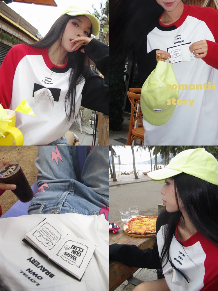 

Earth Store с буквенным принтом, цветная футболка Blo Long Sve, женская свободная утягивающая футболка Agel, универсальный топ, повседневный хлопковый топ