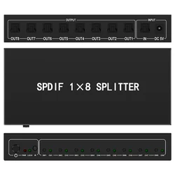 Optical Audio Splitter,1 in 8 Out Fiber Optic Digital Toslink S/PDIF Splitter for Home Theater,Speakers,PlayStation,TVs,DVD Play