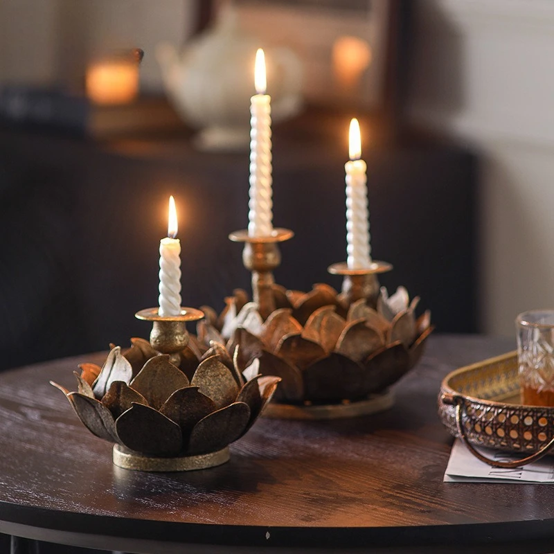 

Zen Lotus Candle Holder Vintage Iron Art Candlesticks for Candles Creative Room Decoration Retro Candle Base Rustic Home Decor