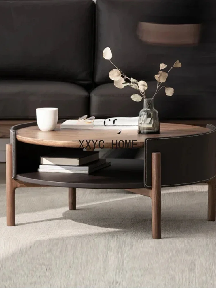 Nordic Style Solid Wood Saddle Leather  Modern Minimalist Furniture Oak Small round Table