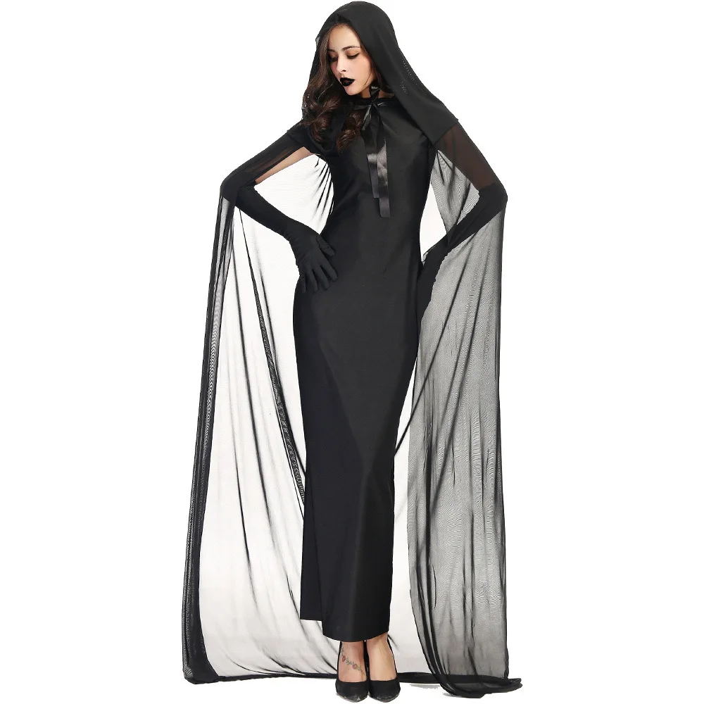 Black Women Witch Sorceress Cosplay Female Halloween Scary Ghost Costumes Carnival Purim Parade Stage Role Play Show Party Dress