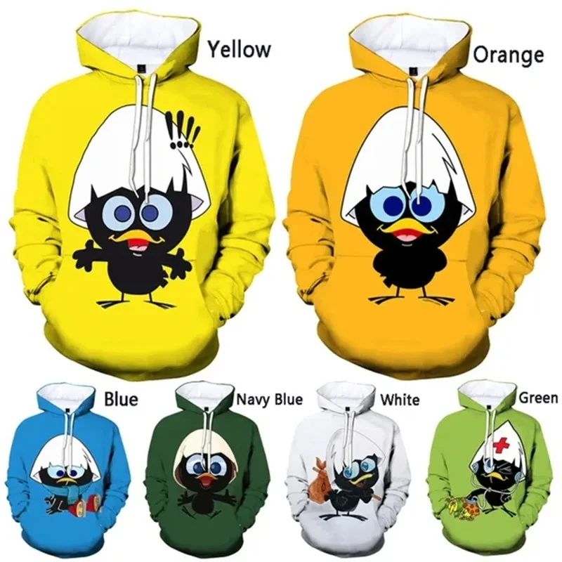 

Funny Cartoon Calimero Graphic Sweatshirts Animal Little Black Chicken Hoodies For Men Clothes Casual Cute Kids Hoody Boy Tops