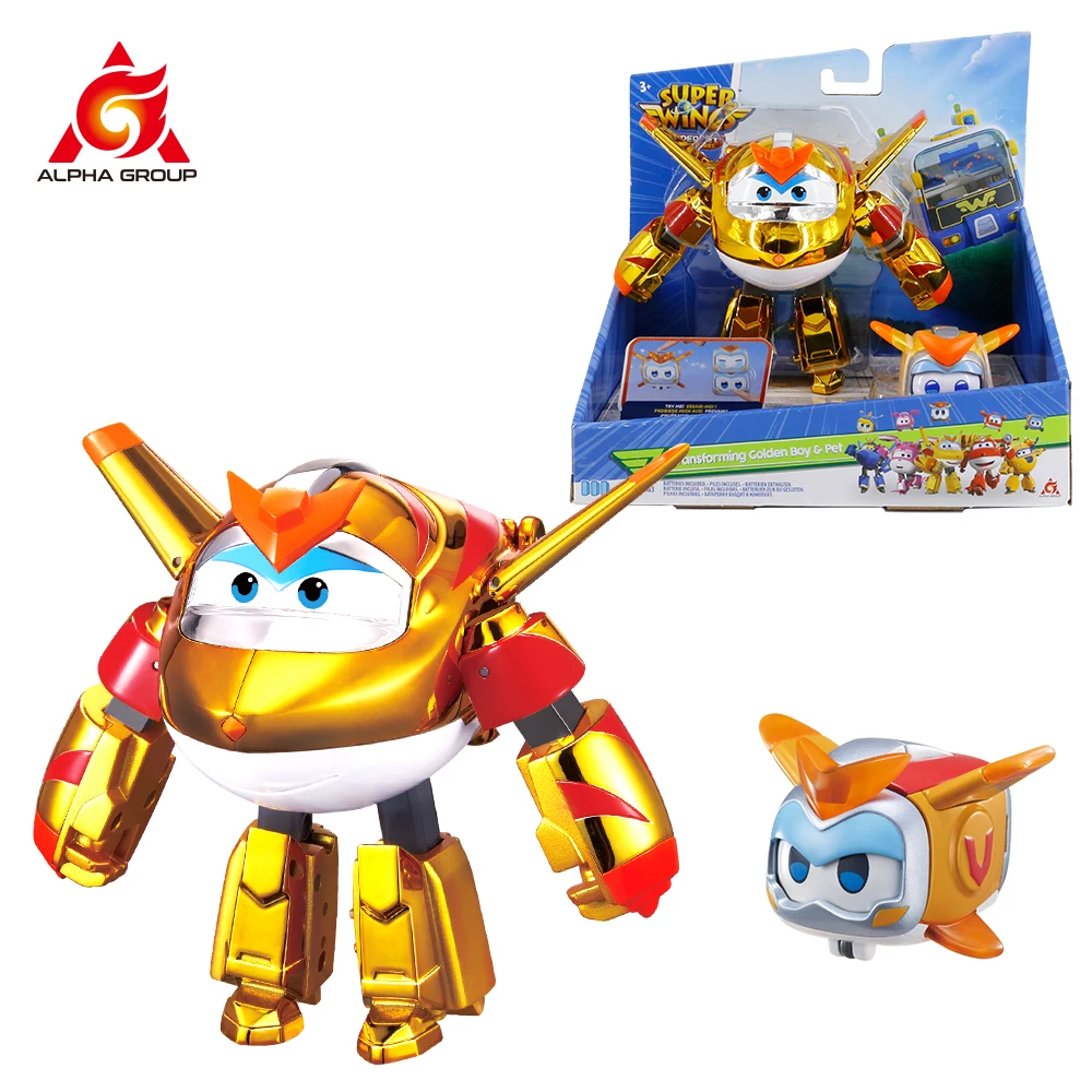 Super Wings 2-Pack Set 5 Inches Golden Boy Transforming Robot from Airplane in 10 Steps + Pet with Light Action Figures Kid Toys