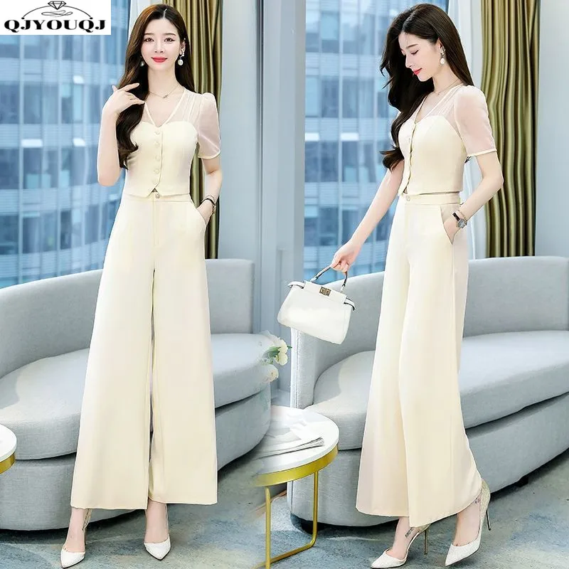 Wide Leg Pants Set for Women 2024 New Summer Temperament Goddess Style Fashion Short Top Slimming Wide Leg Pants Two-piece Set