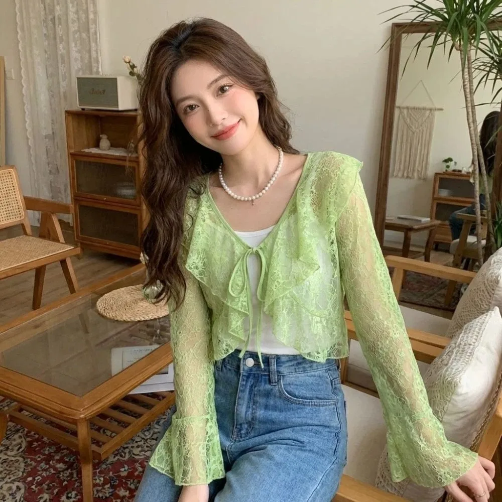 V-Neck Lace Cardigan Flared Sleeve Ruffle Edge Sun Protection Cardigan Hollow Out Lightweight Sun-proof Shirt Women Clothing view 3