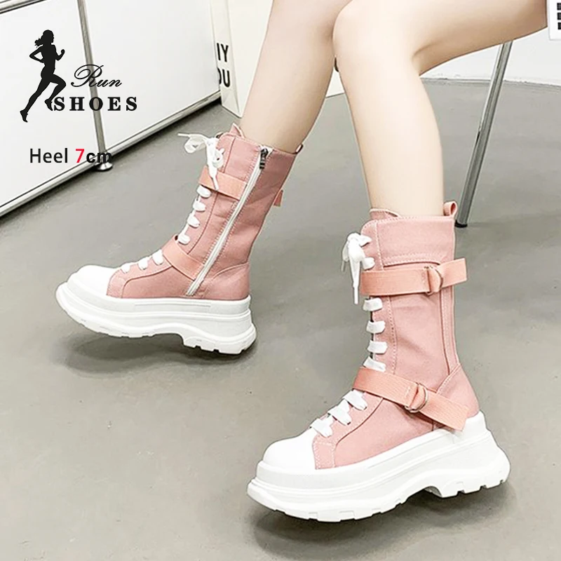 Mid-Calf Boots For Ladies 2024 New Pink Casual Shoes Daily Outdoor Activities Women Boots Soft Bottom Spring Autumn Canvas Shoes