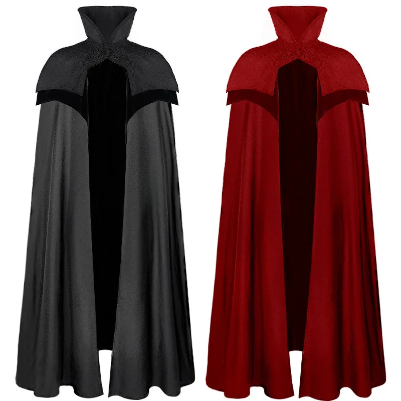 Men's Noble Gothic Long Cloak Big Hem Vampire Stand Collar Cape Steampunk Darcula Cosplay Halloween Medieval Poncho