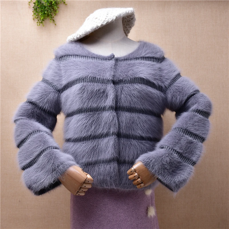 Ladies Women Fashion Fall Winter Hairy Mink Cashmere Knitted Striped beaded Slim Cardigan Angora Fur Jacket Coat Sweater Pull