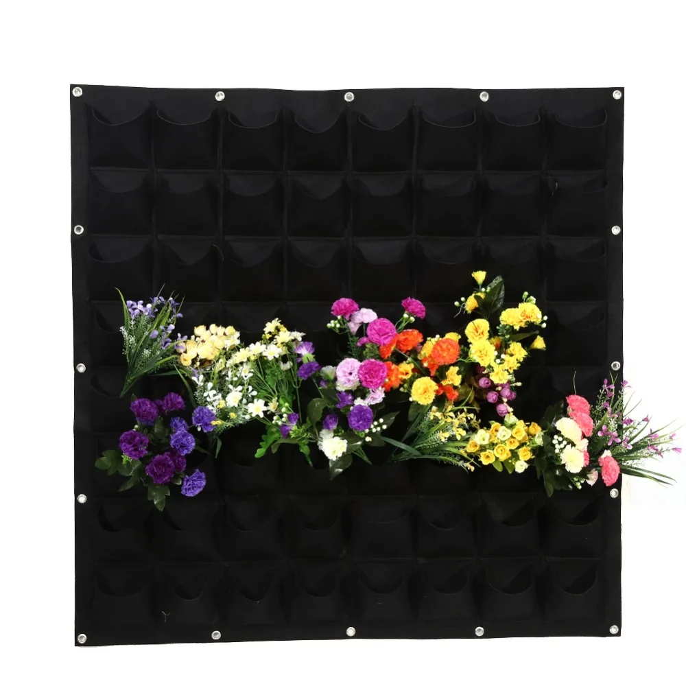Durable 64 Pockets Plant Grow Bag Felt Degradable Plant Bag Easy Installation 100*100cm Wall Hanging Plant Bag Outdoor Gardening