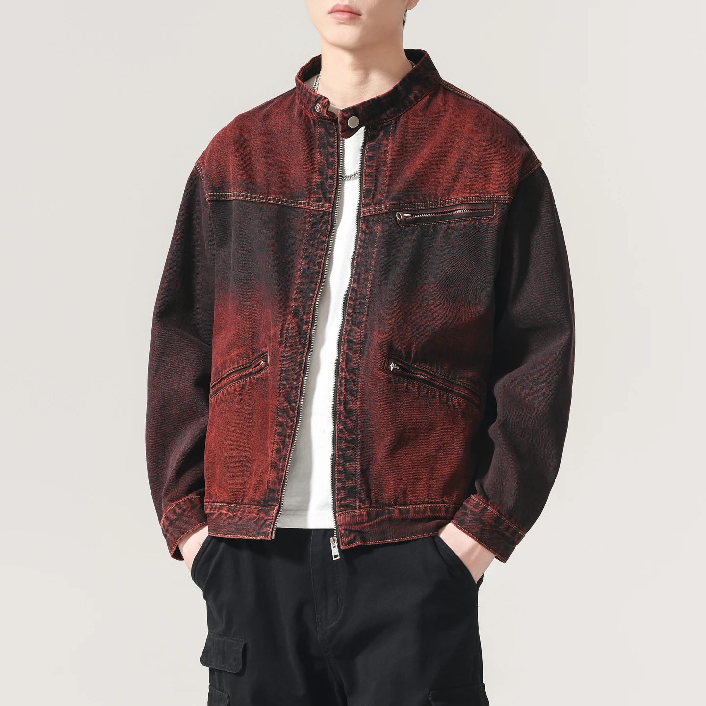 

Men Stand Collar Washed Red Denim Loose Casual Cargo Jacket Male Vintage Motorcycle Jacket Spring Autumn Jeans Coat Outerwear