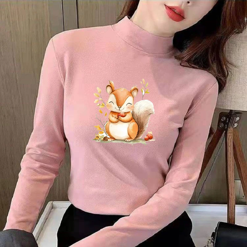 Winter Women's Thermal Brushed Fleece Half Mock Neck Long Sleeve T Shirt Squirrel Acorn Autumn Graphic Warm Tee
