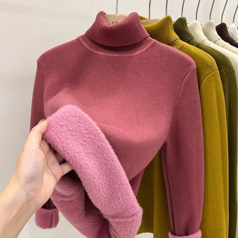 

Bottoming Shirt Slim Tops Winter Knitwear Casual Pullover Women's Thicken Turtleneck Sweater Korean Fashion Lined Warm Knitted