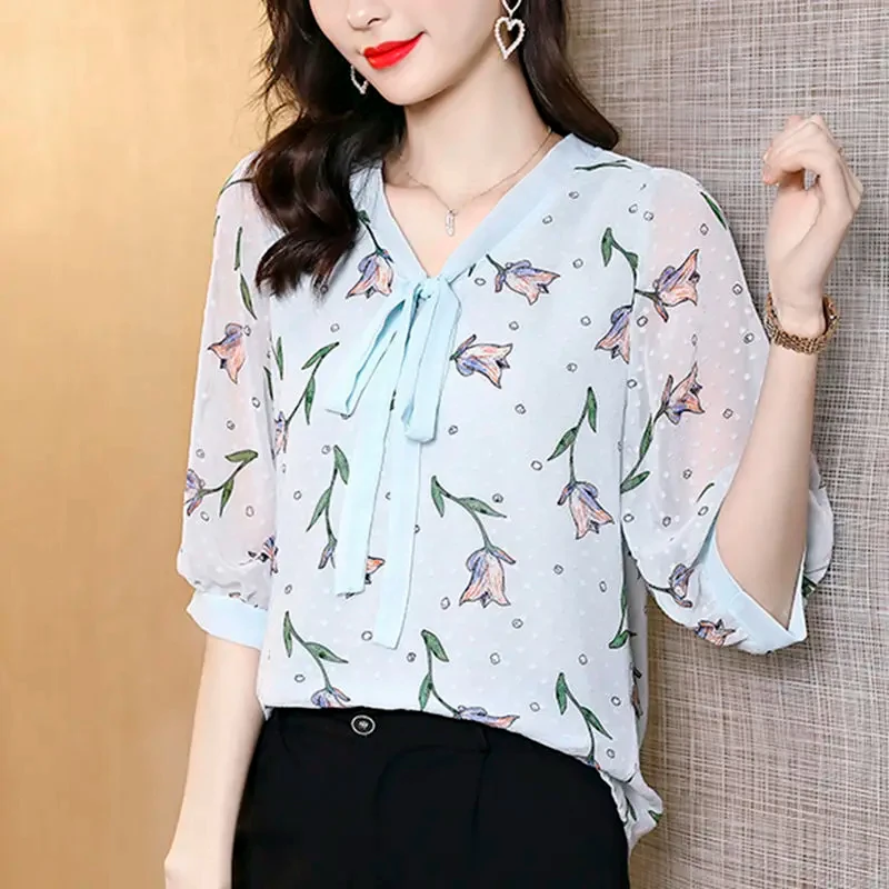 Spring Summer Chiffon Patchwork Pullover Scarf Collar Plant&Flowers Polka Dot Printing Women\'s Lantern Half Sleeve T-shirt Tops