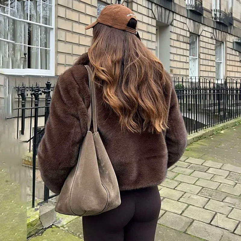 

Women's Loose Faux Fur Coat Autumn Winter Fashionable Versatile Lapel Long-Sleeve Slimming Jacket Soft Short Solid Color Outwear