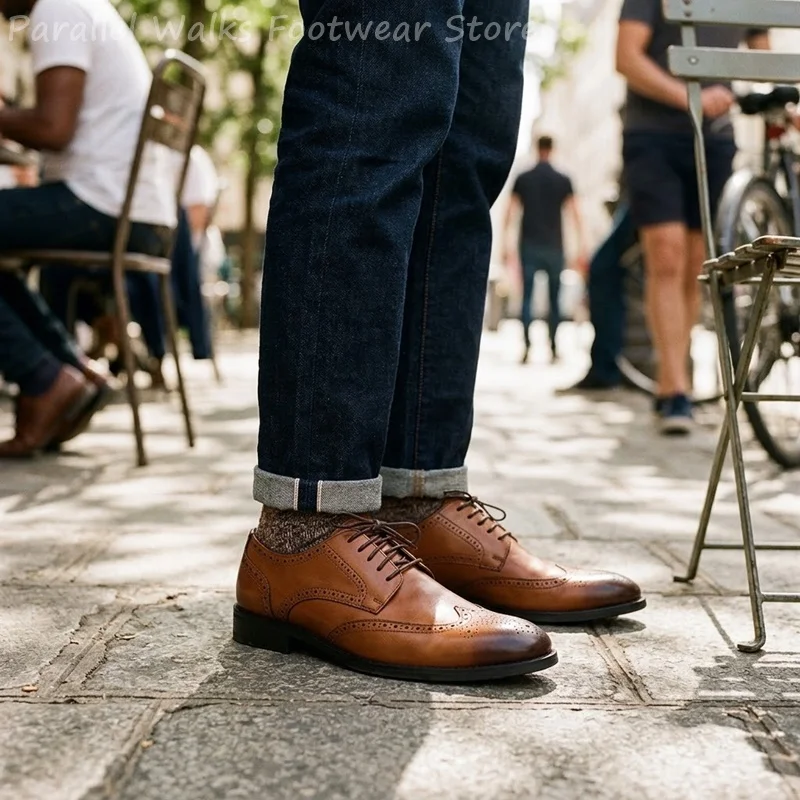 Men Brogue Derby Shoes Formal Wingtip Dress Shoes Classic Office Wedding Party Business Footwear Vintage Leather Shoes For Men