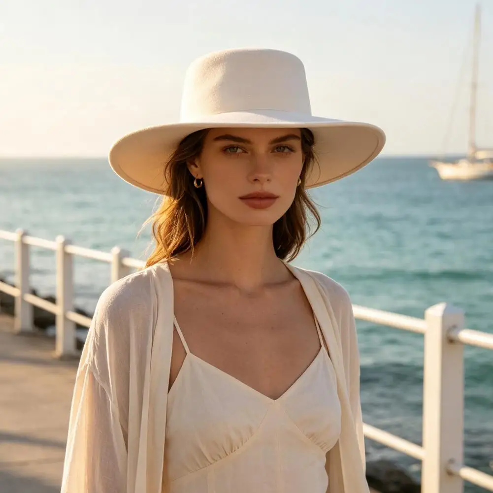 Classic Elegant Accessory Flat Top Fedora Hat Wool Blend Derby Cap Wide Brim Felt Hat for Women Classic Retro Hat Formal Event