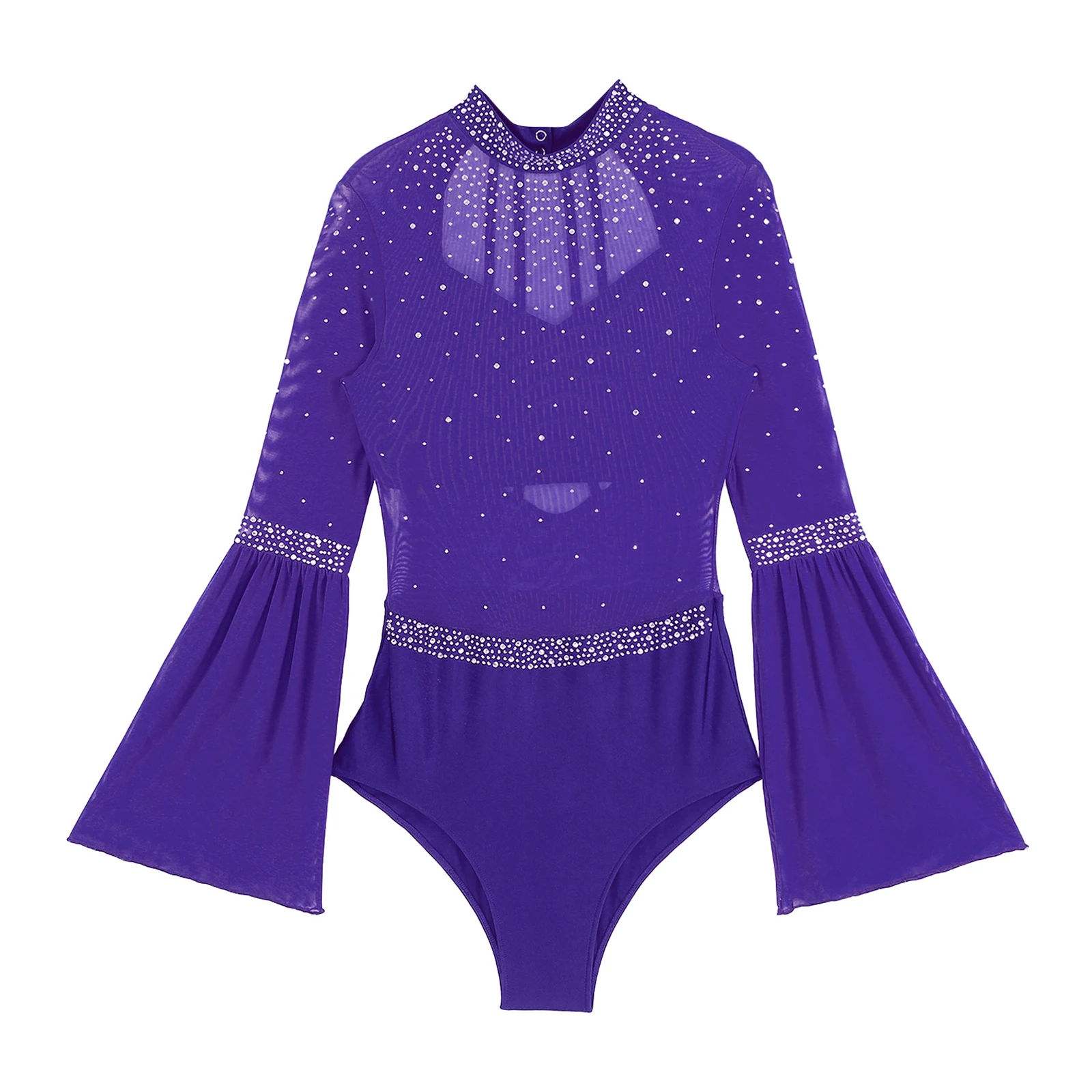 Damen Eiskunstlauf Rhythmische Gymnastik Performance Kostüm Flare Sleeve Sparkly Strass Ballett Tanz Trikot Tanzbekleidung – Detail 19