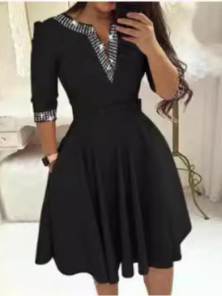 Elegantes Damenkleid, einfarbig, V-Ausschnitt, modische Kleider mit Gürtel, mittellange Ärmel, Herbst und Winter, neue Party-Damenbekleidung