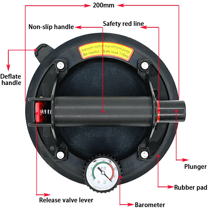 Vacuum Suction Cup 8 Inch 250kg Bearing Capacity Heavy Duty Vacuum Lifter for Granite Tile Glass Manual Lifting Powerful