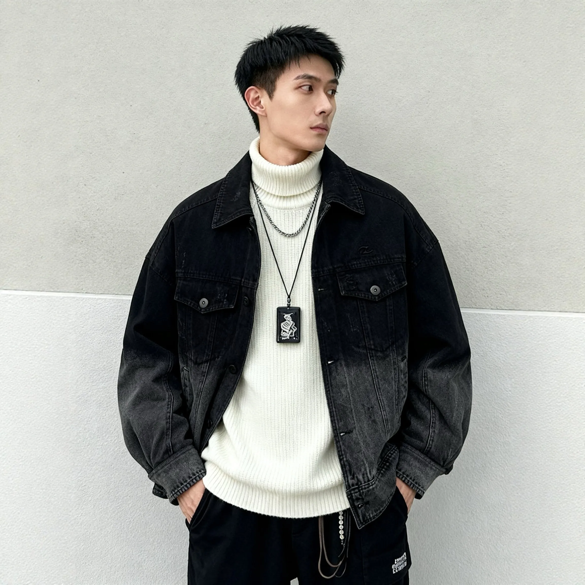 

Мужская пуховая куртка свободного кроя с градиентным джинсовым эффектом, 90% утиный пух, теплая, повседневный стиль, короткое пальто на пуговицах, для города