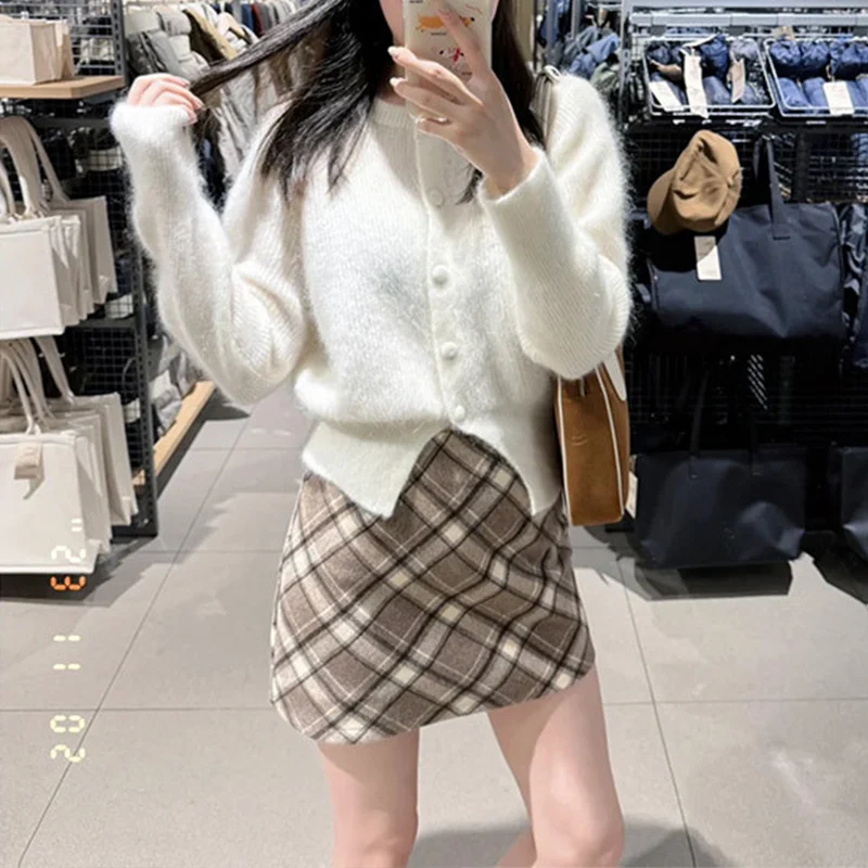 Saias xadrez de lã cinza para mulheres outono inverno cintura alta uma linha bodycon saia vintage emagrecimento saia curta