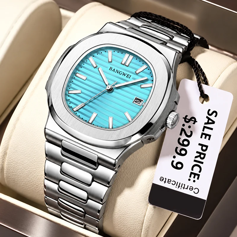 BANGWEI Fashion Square Quartz Man Clock Waterproof Luminous Date Stainless Steel Watches For Men Luxury Business Men Wristwatch