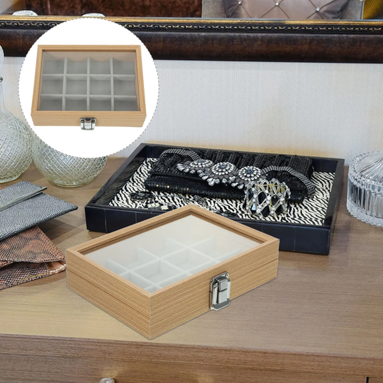 

Wooden Jewelry Box Grid Storage Organizer Multi Compartment Tray Clear Lid Lightweight Portable Small Decorative Rings