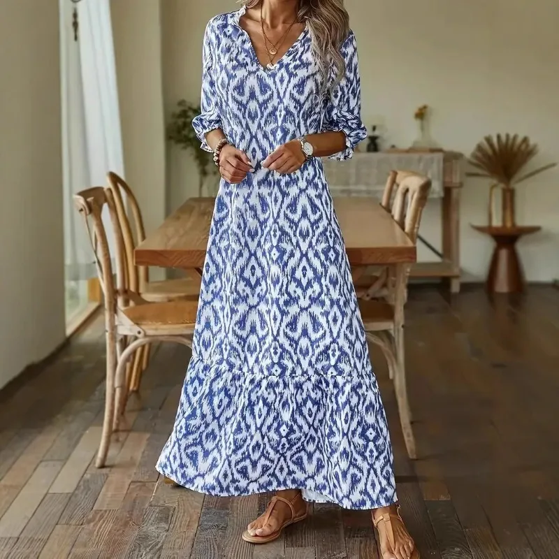 

Plus size women's long dresses fashionable influencers casual sweet and loose V-neck floral print women's outdoor streetwear