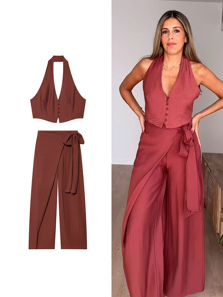 TFMLN 2026 Sommer Damen Neckholder V-Ausschnitt Crop Top Weite Hosen mit Schleife Set Elegantes Rückenfreies 2-Teiliges Outfit Damenanzug