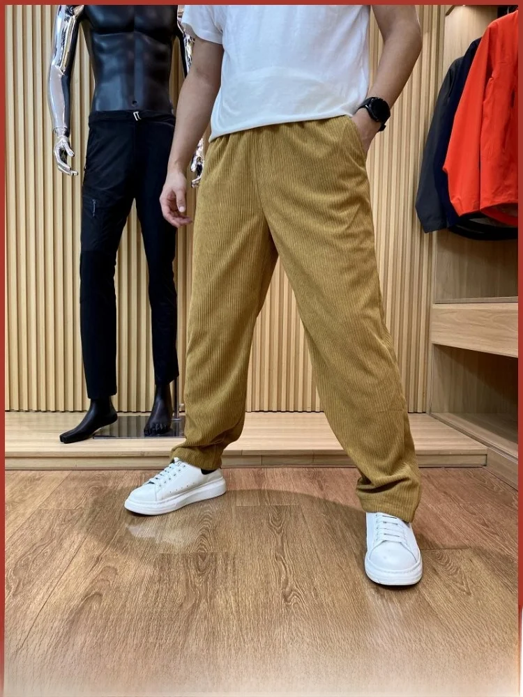 

Вельветовые повседневные брюки со свободной талией для мужчин, осенне-весенний сезон, однотонная текстура, приятные для кожи прямые брюки длиной до ног