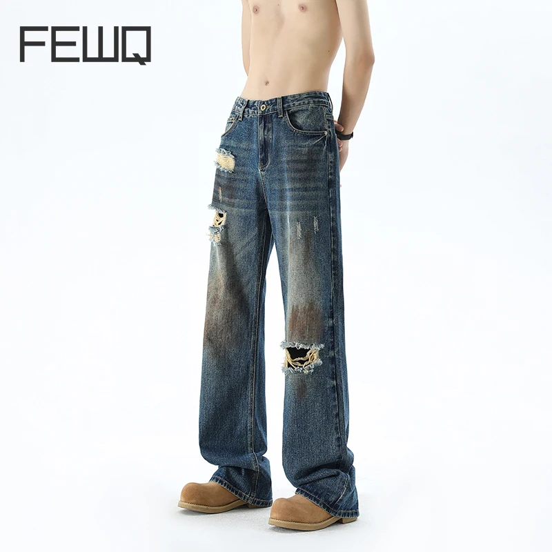 

FEWQ High Street Darkwear Loose Straight Broken Men Jeans 2024 Vintage New Korea Fashion Male Trousers Casual 24E1348