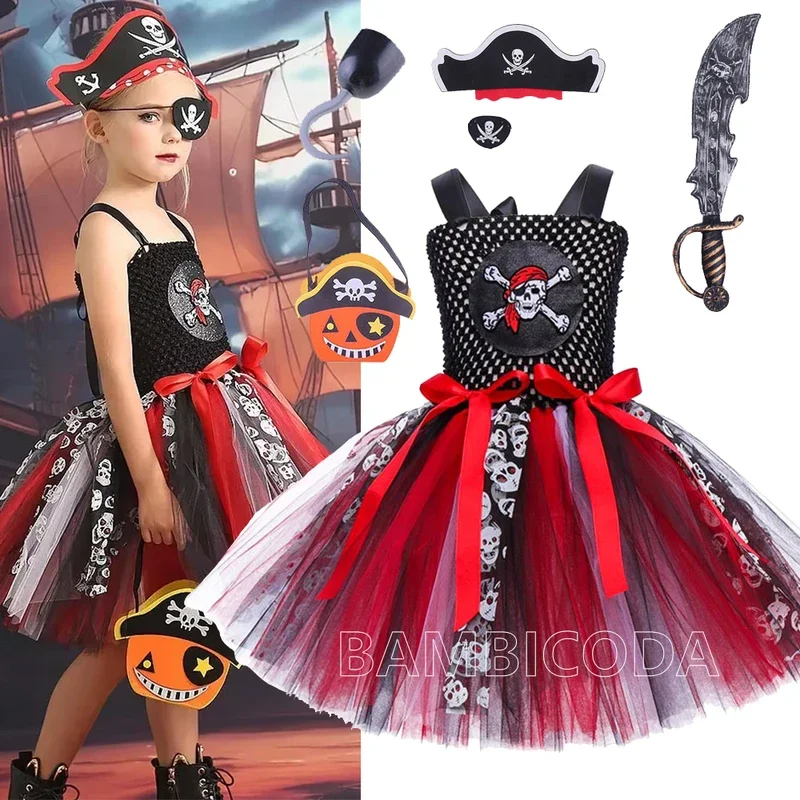 RT01 Costume cosplay pirata di Halloween per bambini 2025 Nuove ragazze Moda Maglia Color Block Gonna di pizzo Carnevale Compleanno Palcoscenico * JK2