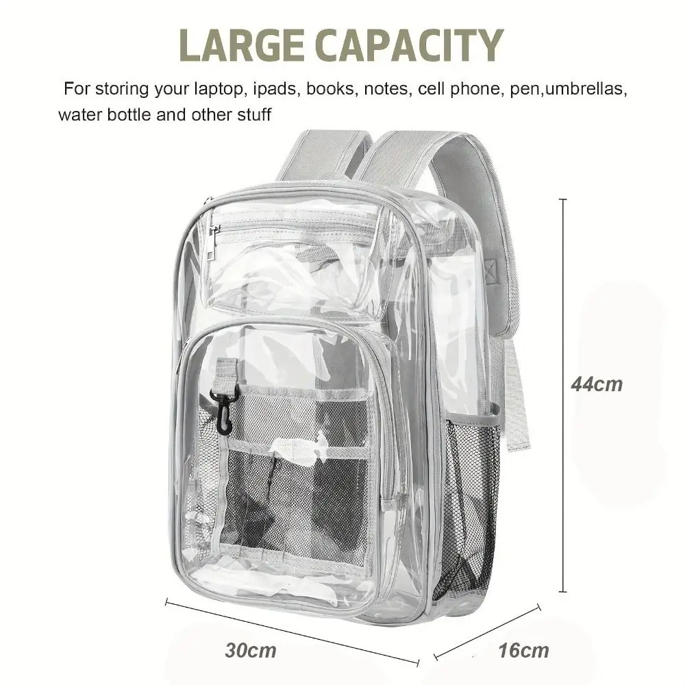 Casual PVC Clear Backpack Large Capacity with Multi-pockets Students Bookbag See Through Waterproof Transparent Backpack School