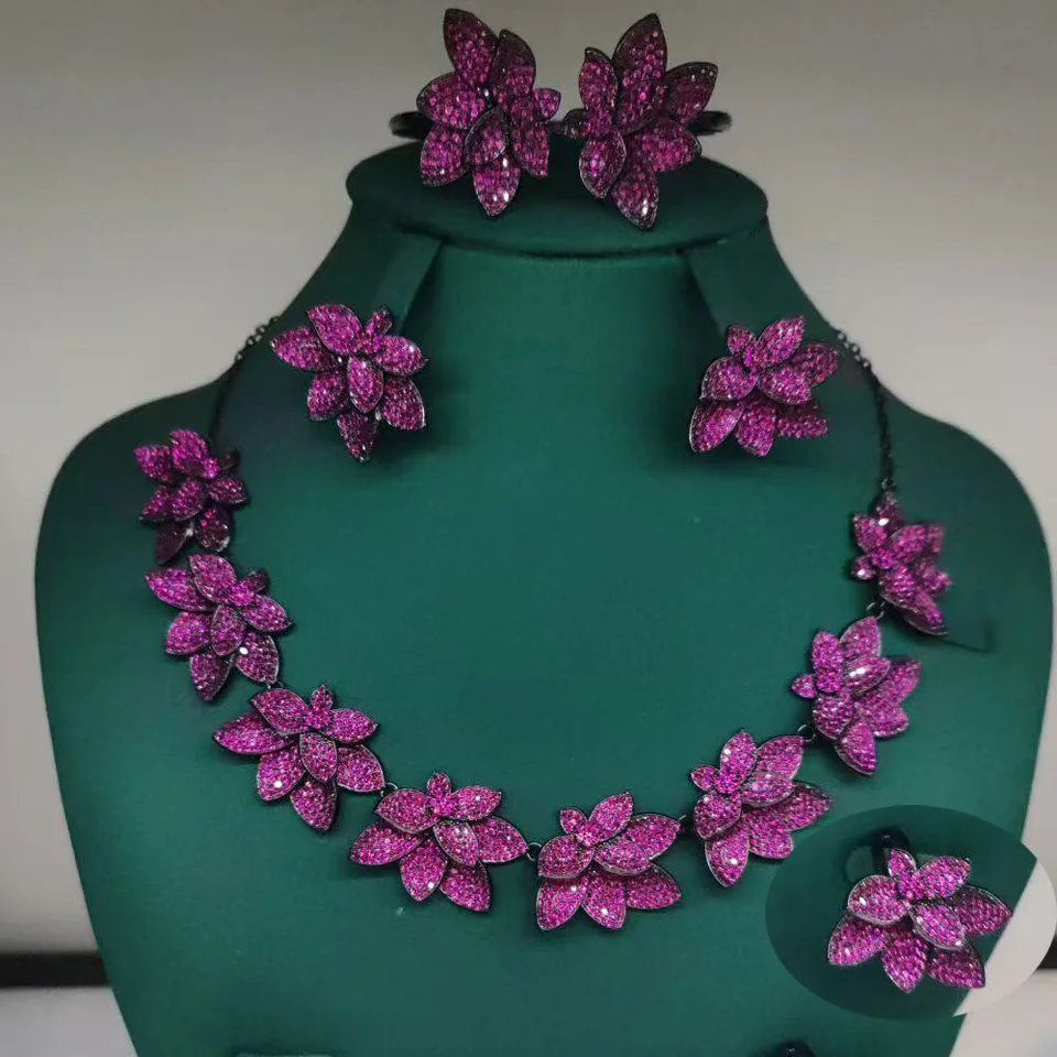Zlxgirl Bue green red Cubic Zircon Bridal Necklace and Earring jewelry set for women's anniversary bijoux fine couple gift