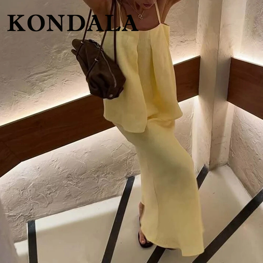 

KONDALA шикарный желтый праздничный женский костюм Y2K, плиссированный топ на бретельках + элегантная длинная юбка-футляр, летние сексуальные вечерние модные комплекты 2025 Mujer