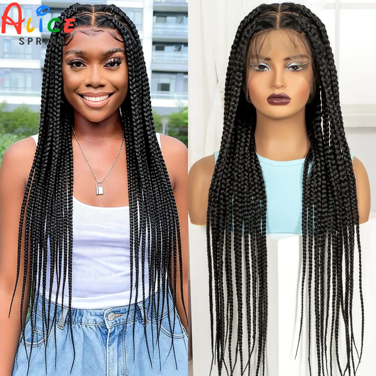 

36-дюймовые синтетические парики с косами в стиле корнроу, полностью закрытые парики с косами в стиле бокс-брайд, парик с косами без узлов и с эффектом детских волос для чернокожих женщин