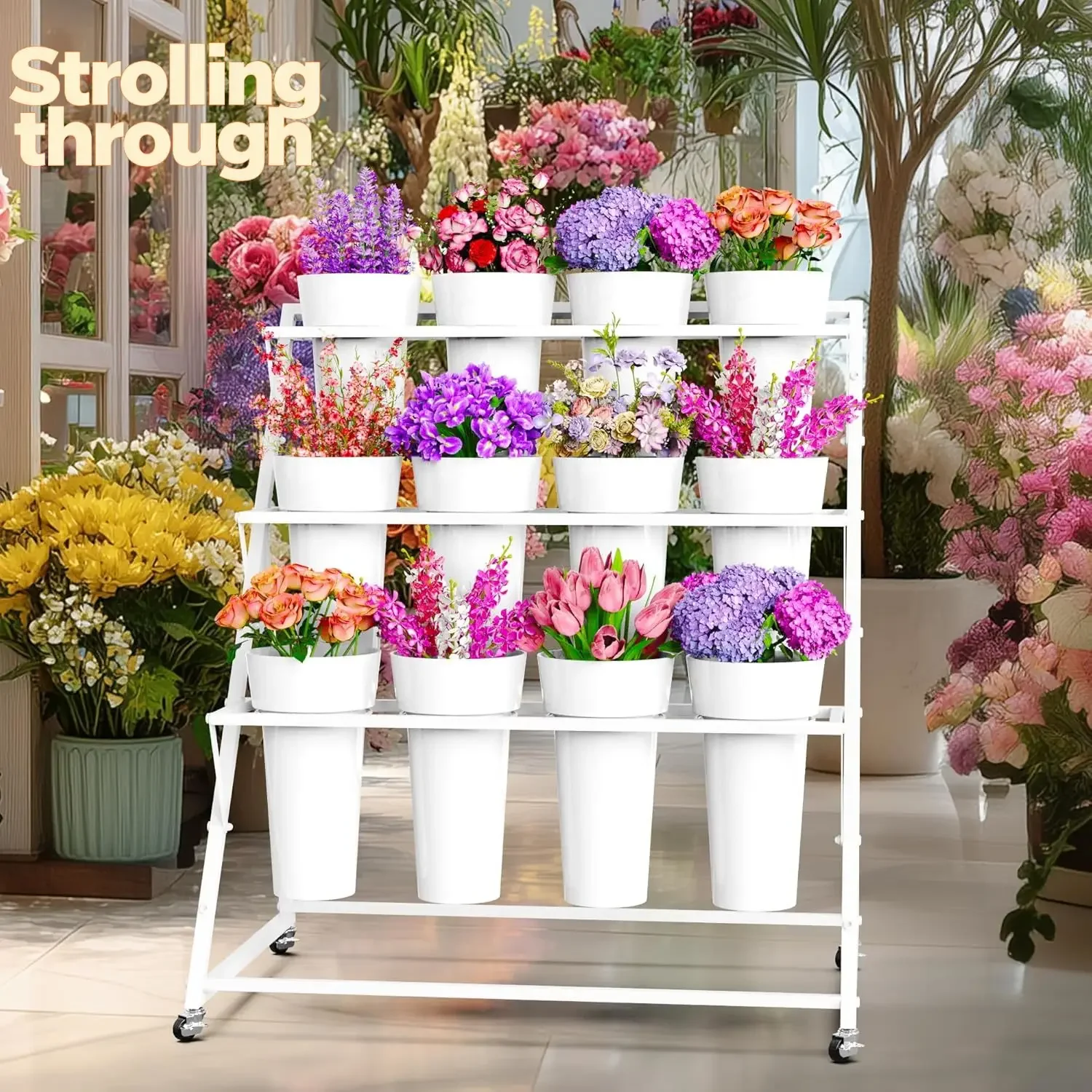 Flower Display Stand with 12 Buckets, White Flower Cart with Wheels 3 Layers Metal Bar Stand Moving