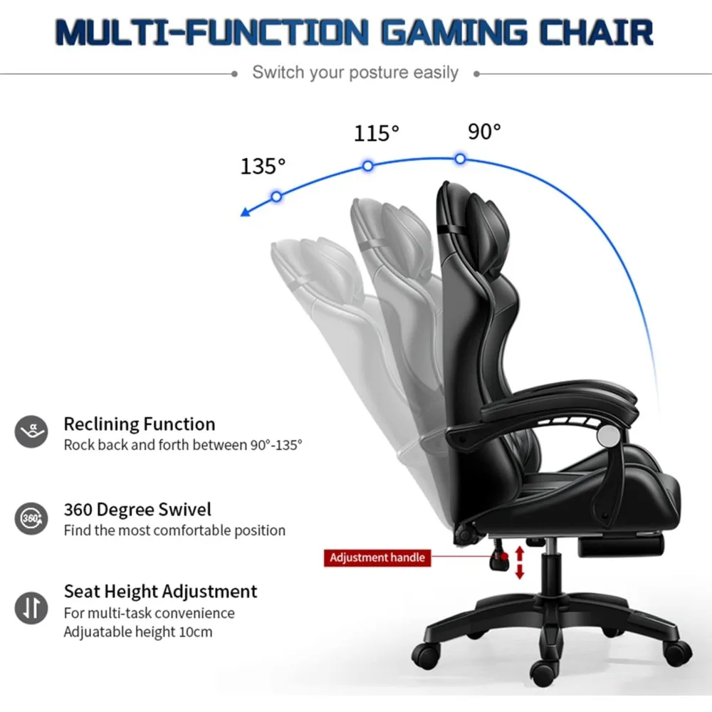 RGB Gaming Chair with Massage and Footrest Large  with Speakers and LED Light Effect, 90°-135° Adjustable Reclining Gamer Chair