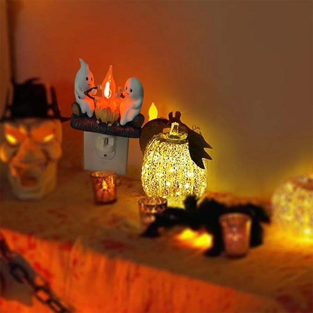 Ghost ognisko migocząca lampka nocna latarnia migotanie płomień lampka nocna 3D LED mała elektryczna sztuczna latarnia Halloween wystrój wnętrz