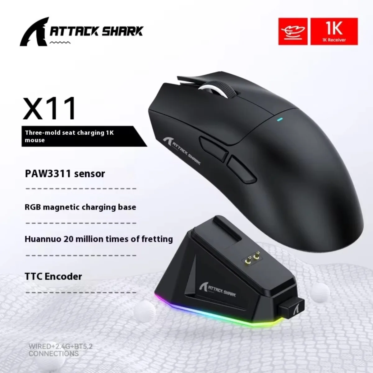 Attack Shark X11 Bluetooth-Maus mit RGB-Ladestation, optischer Sensor, PAW3311, 22K DPI, PC/Mac,