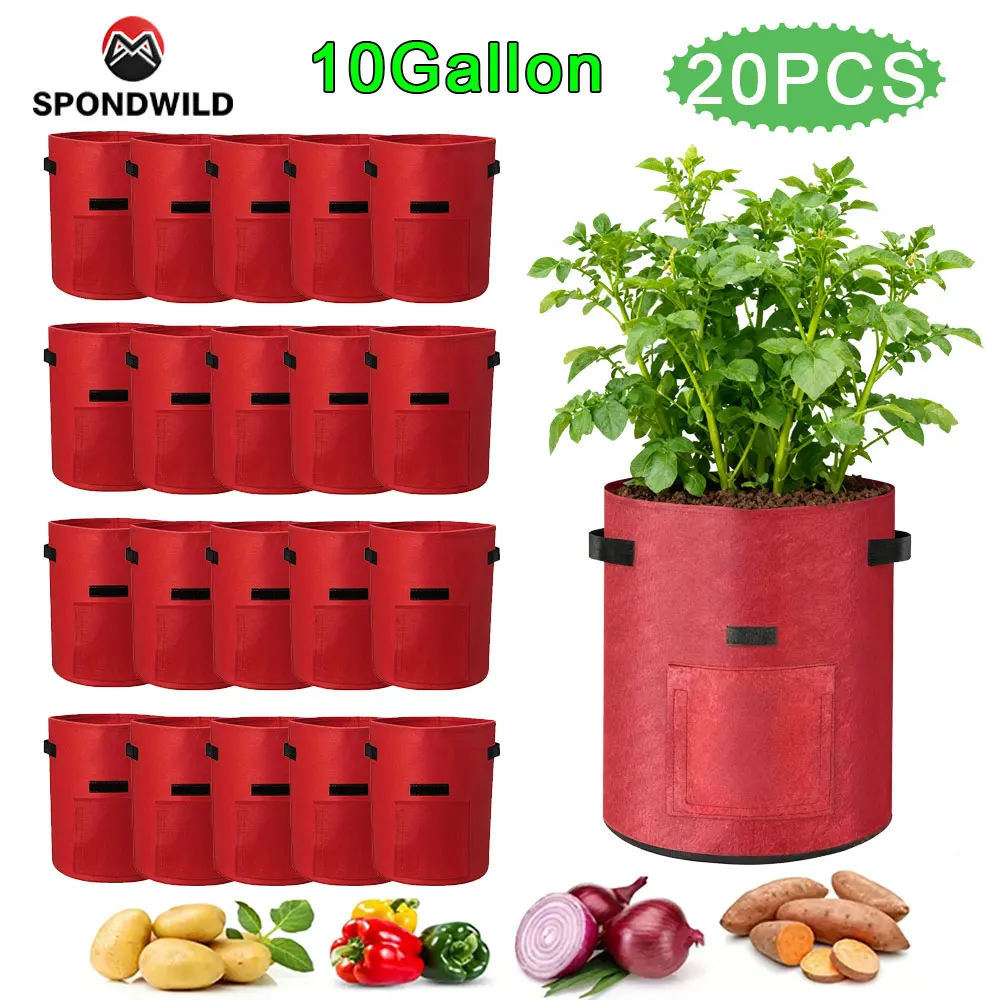 

SPONDWILD 20 Pcs 7/10 Gallon Red Thickened Outdoor Potato Planting Bag Non-Woven Fabric Gardening Pot Vegetable Flowerpot