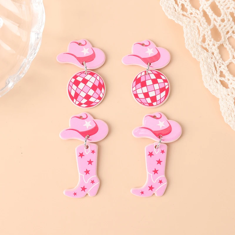 10Pcs/Lot Fishon Disco Charms Acrylic Pink Cowboy Hat Boots Findings For Necklace Keychain Jewelry Diy