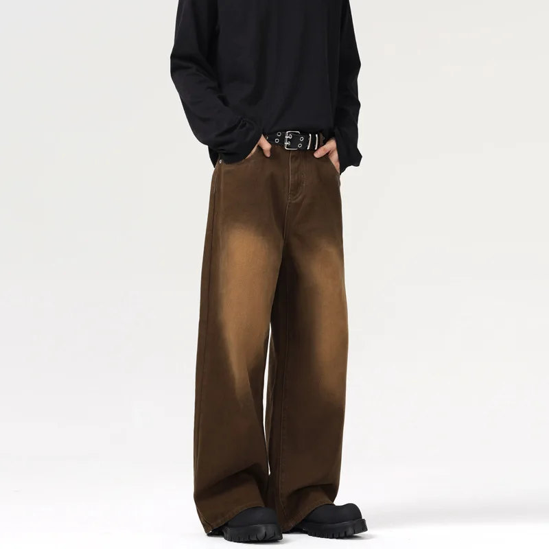 WTHT Mode Heren Gradiënt Doen Oud Ontwerp Rechte Denim Broek Vintage 2025, Zomer Hoge taille Losse Wijde Pijpen Jeans Mannelijke 2A0667