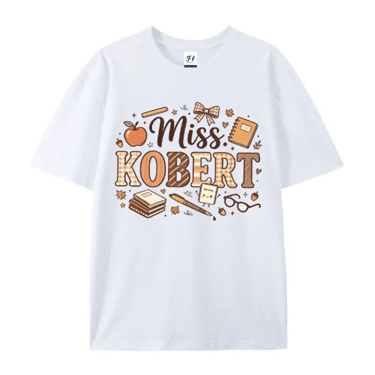 Fall Teacher Custom Name Graphic Tee Back To School Apple Stationery Cartoon Print Personalized Miss Teacher Gift Casual Tops