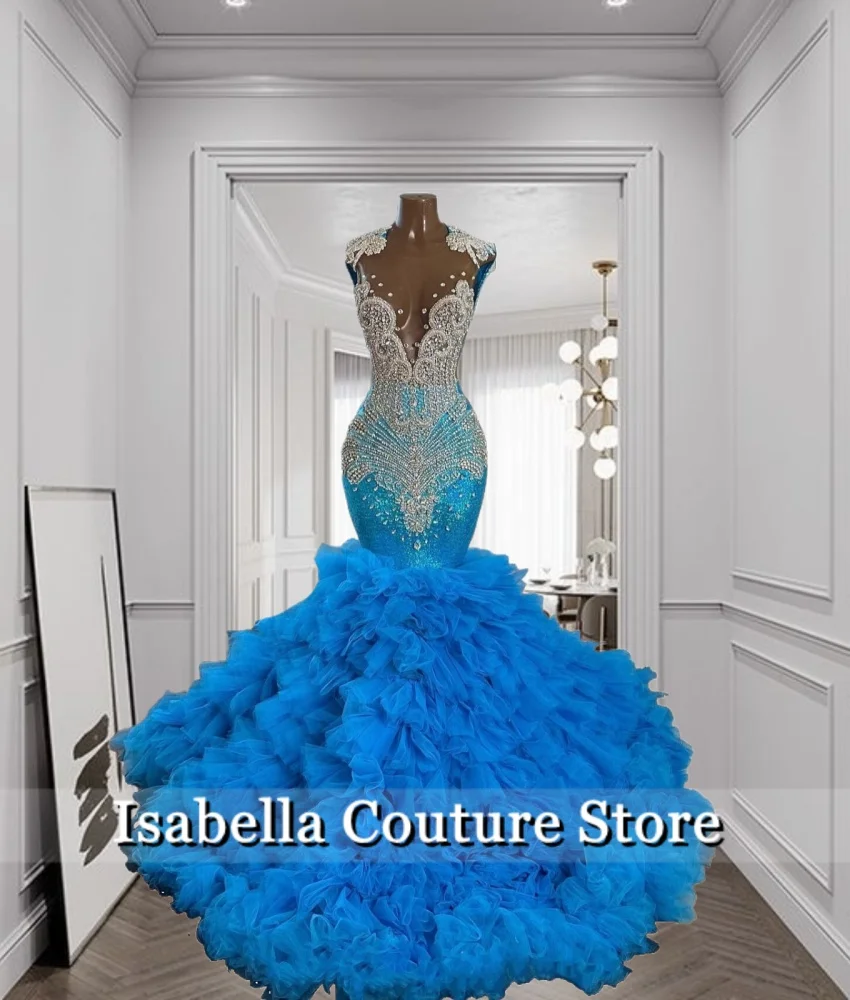 

Exquisite Blue Mermaid Prom Dresses Tiered Ruffle Beading Crystals Diamonds Wedding Party Dress Evening Gown Customized