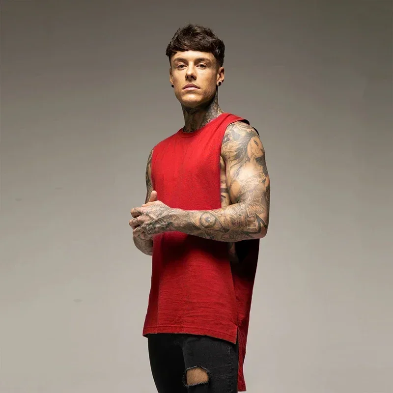 Plain Mens Fitness Sport Clothing Gym Bodybuilding Muscle Tank Tops Cotton Hip-Hop Singlets Extend Cut Off Sleeveless T-shirts