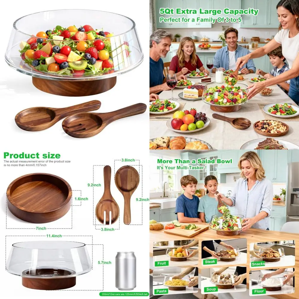 

Большой стеклянный набор салатников, сервировочная миска на 5 литров с деревянной основой и сервировочными сервизами для кухни, идеально подходит для кофейла и салатов