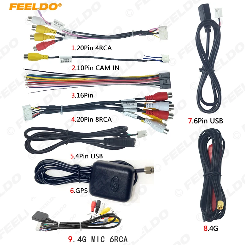 FEELDO-Car Head Unit Estéreo Wire Harness Kits, compatível com XY AUTO, Android Solution Interface, RCA, USB, cabo de áudio e vídeo