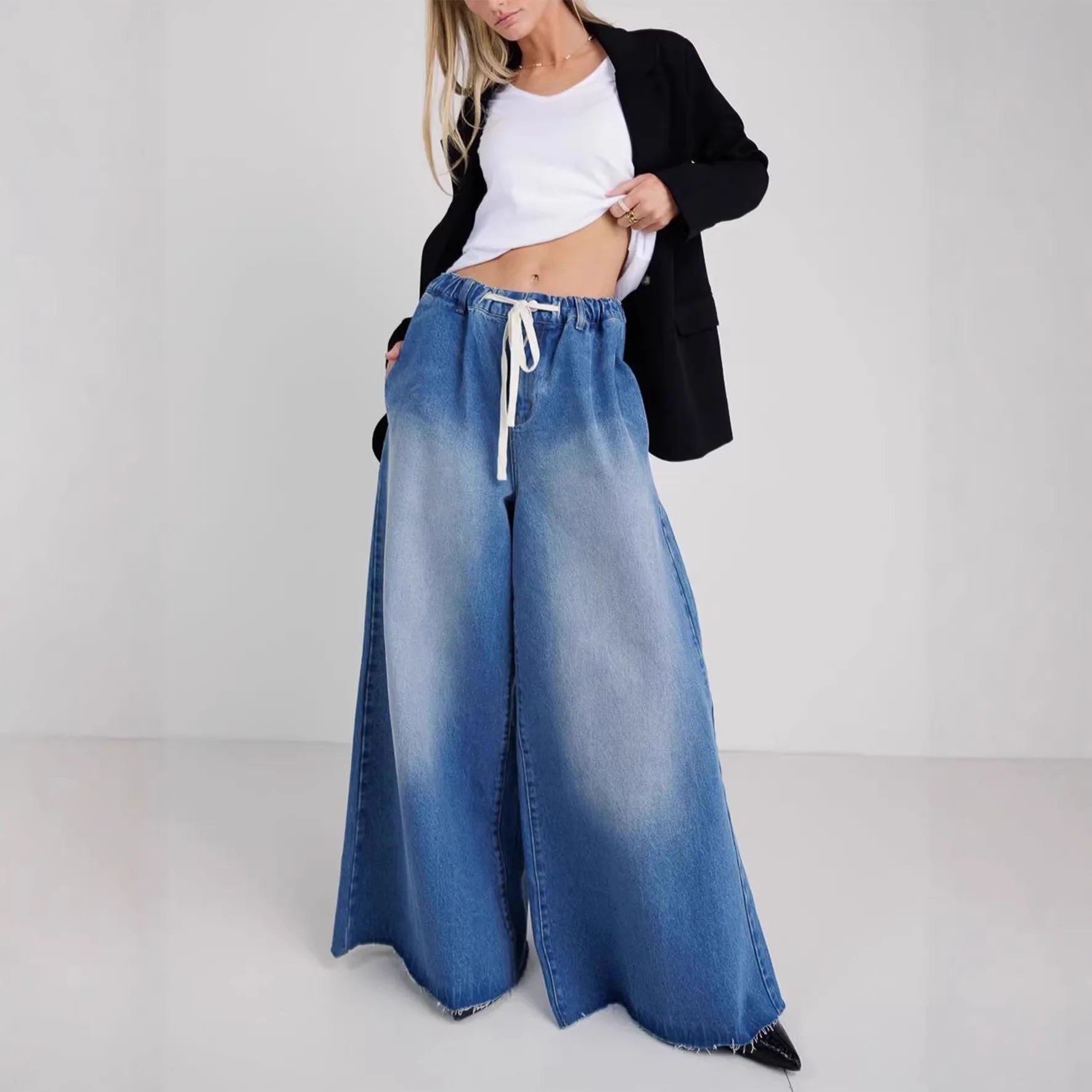 

Denim Wide Leg Jeans Women Washed Jean Full Length Pants Drawstring High Waist Trousers Loose Fit Casual 2026 Pockets Spring