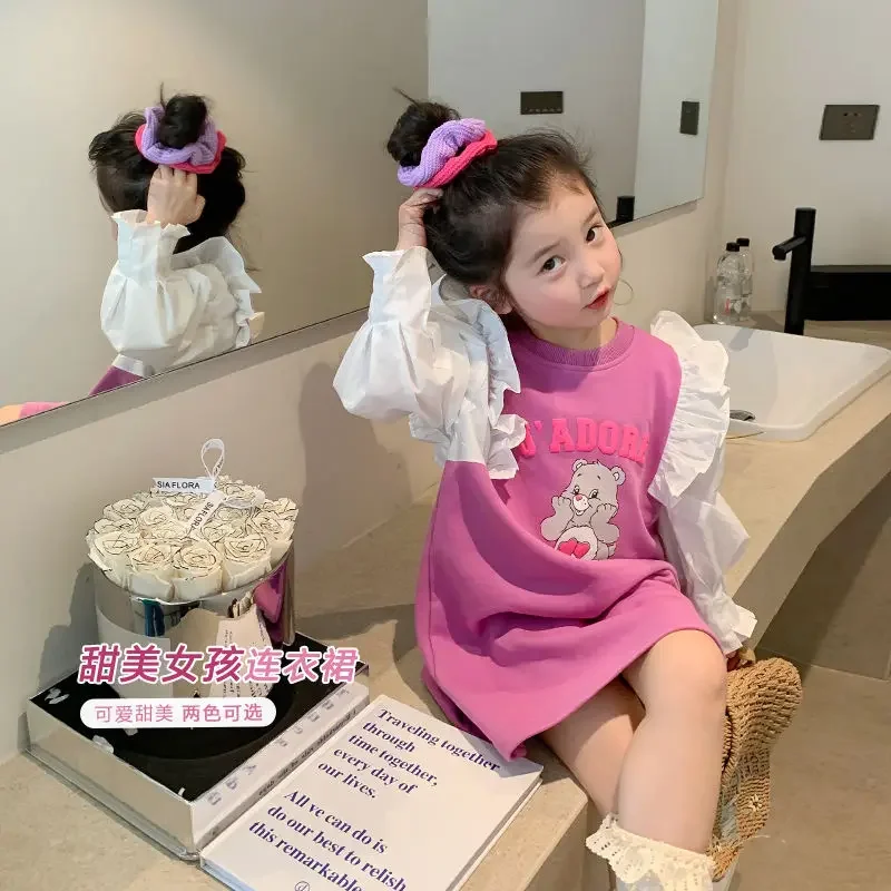 

Girls' Dress 2022 Autumn New Sweet Flying Sleeves Top Cartoon Lace Contrast Color Straight Skirt Fashion